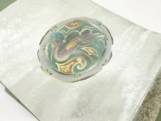 Nagoya obi with gold mother-of-pearl inlay roundel design and woven bird pattern